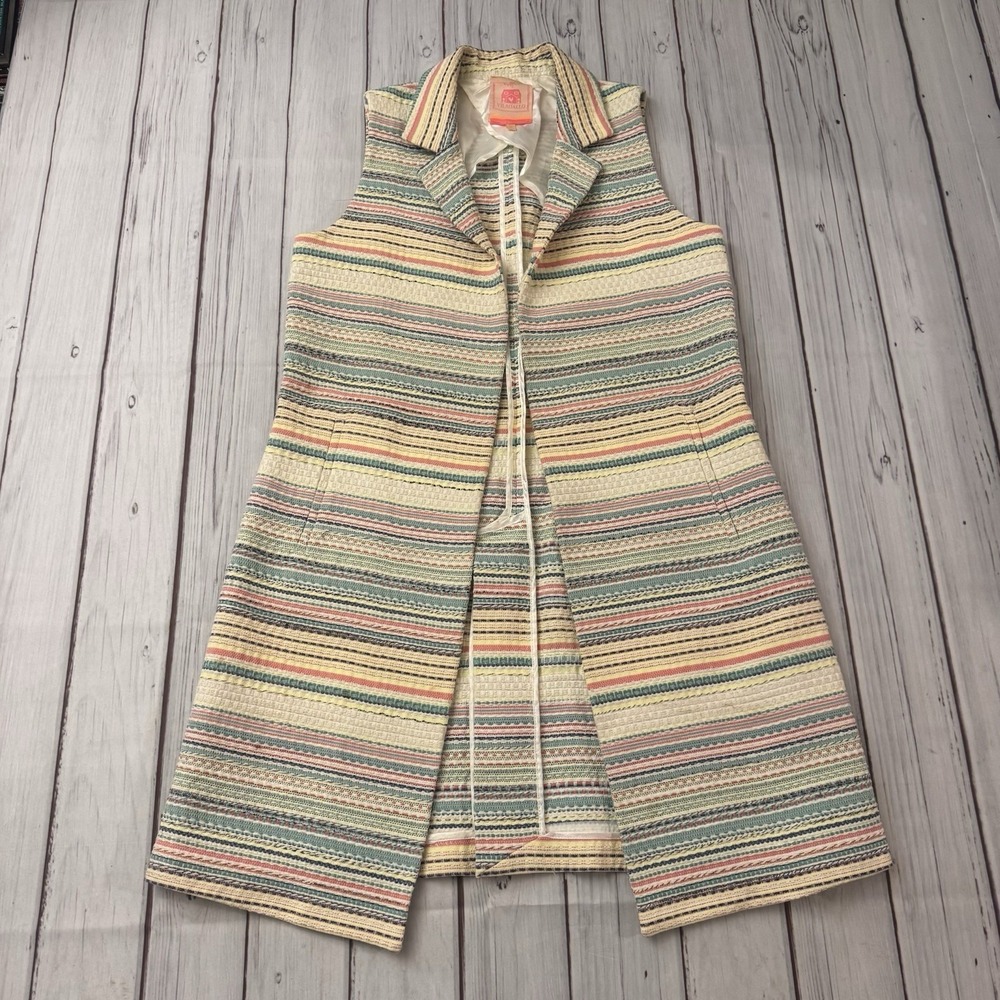 Vilagallo Womens Multi Color Striped Longline Vest Tweed Open Front Size M
